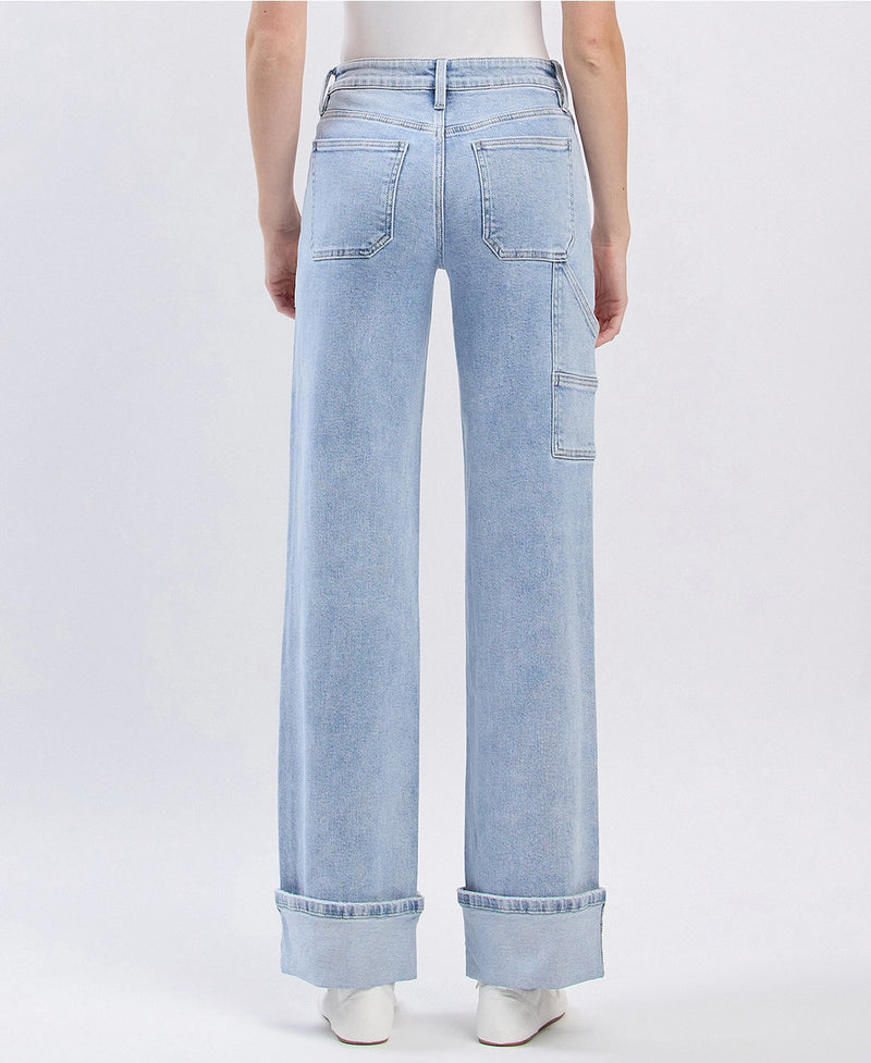 Lovervet by VERVET High Rise Carpenter Pocket Cuffed Wide Leg Jeans