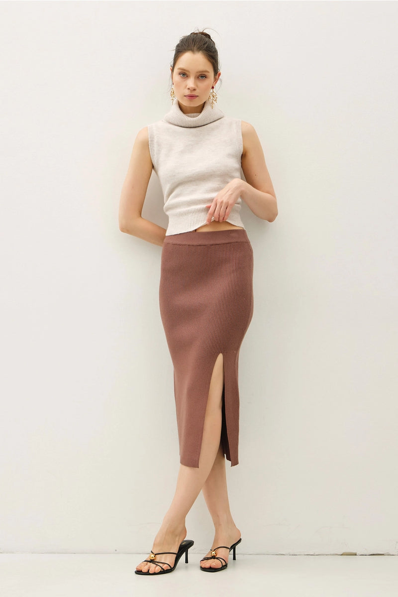 Ribbed Knit Sweater Midi Skirt with Side Slit