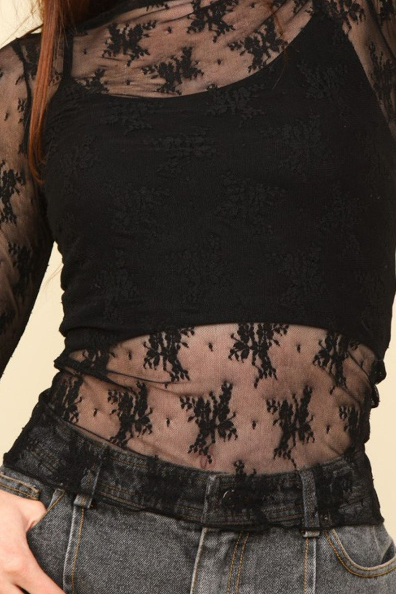 Mock Neck Fitted Sheer Mesh Lace Blouse