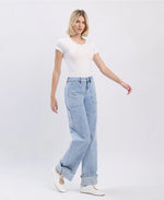 Lovervet by VERVET High Rise Carpenter Pocket Cuffed Wide Leg Jeans