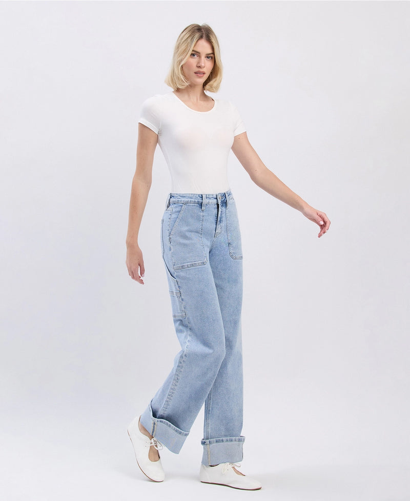 Lovervet by VERVET High Rise Carpenter Pocket Cuffed Wide Leg Jeans