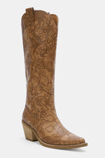 Embossed Floral Point Toe Block Heel Boots