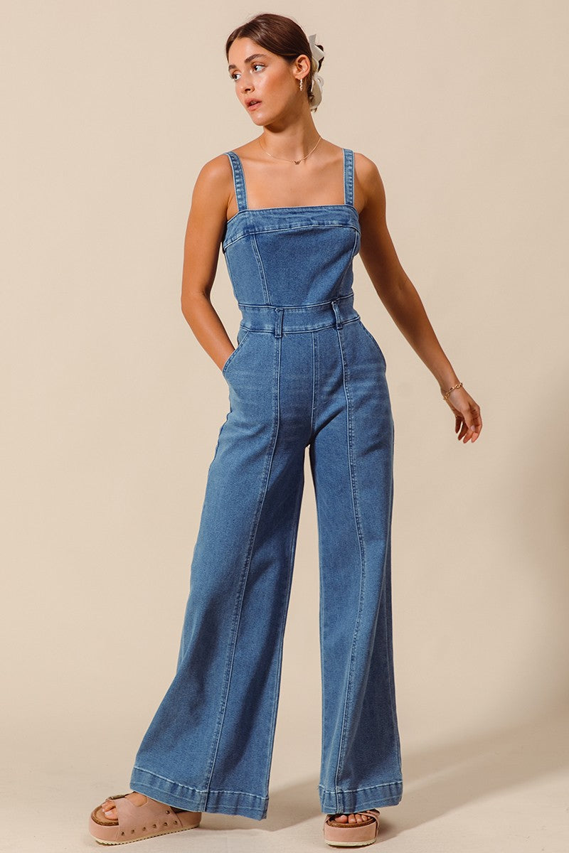 Raw Edge Washed Denim Jumpsuit