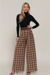 Pleats Detail Belted Side Zipper Plaid Woven Wide Long Pants