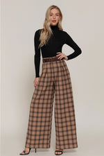 Pleats Detail Belted Side Zipper Plaid Woven Wide Long Pants