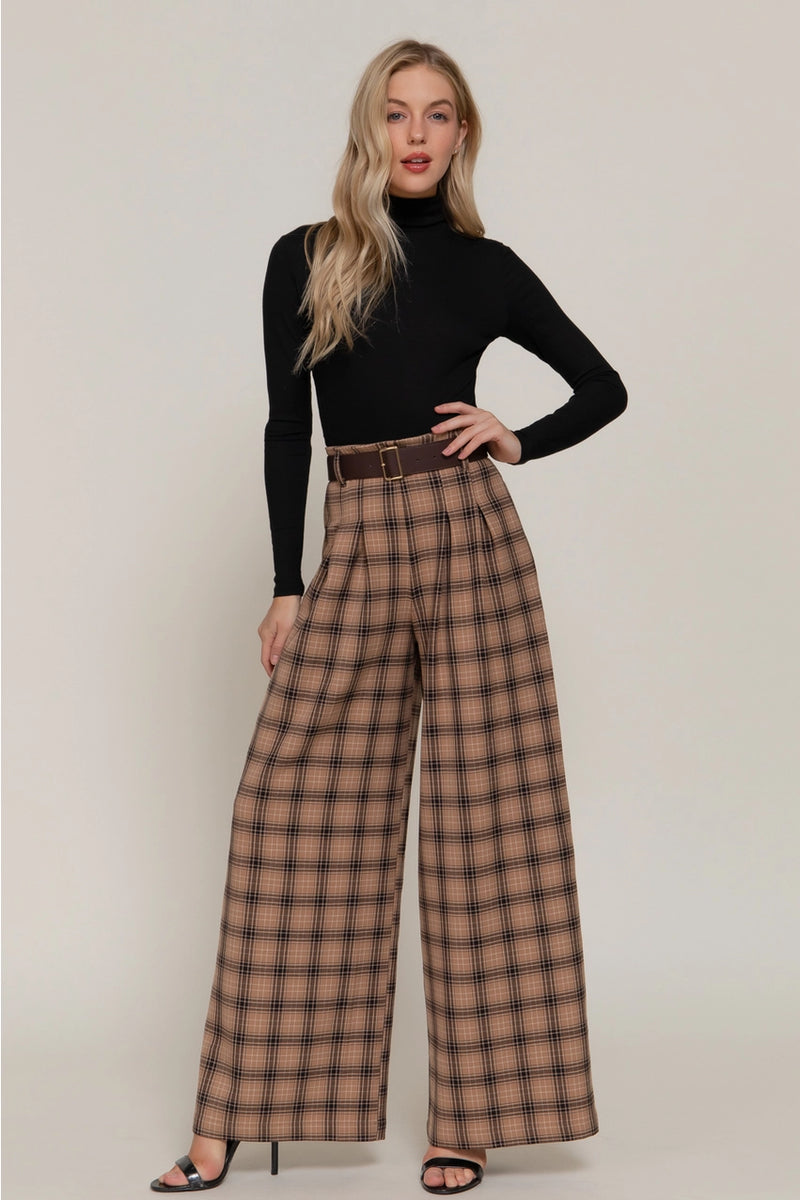 Pleats Detail Belted Side Zipper Plaid Woven Wide Long Pants