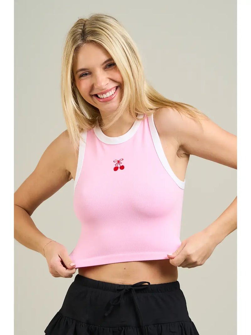 Contrast Binding Cherry Embroidery Top