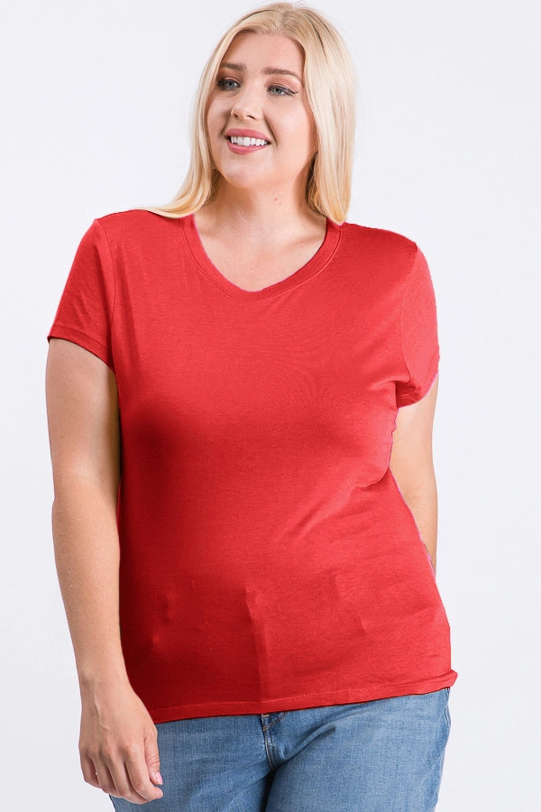 Plus Size V-Neck Basic Short Sleeve Solid Tee Cotton Top