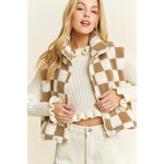 Crop Checkered Sherpa High Neck Open Front Puffer Vest