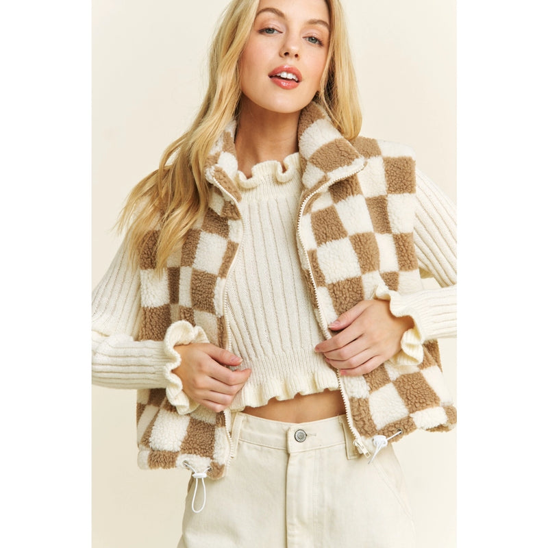 Crop Checkered Sherpa High Neck Open Front Puffer Vest