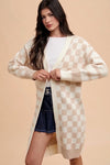 Checkered & Striped Open Front Long Sleeve Cardigan