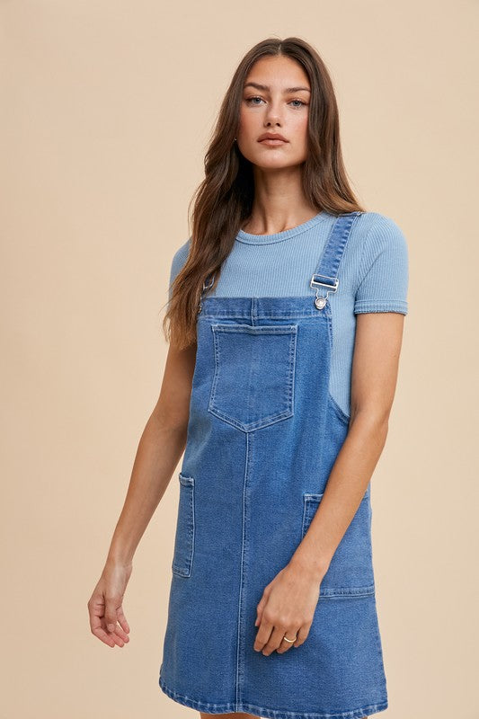 Wide Strap Denim Overall Dress with Pockets