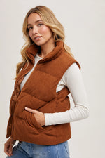 Corduroy Puffer Vest Zipper Front