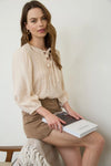 Front Tie Pleated Front 3/4 Sleeve Top