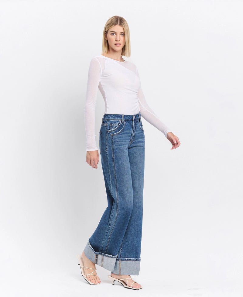 Vervet by Flying Monkey High Rise Cuffed Panel Baggy Wide Jeans