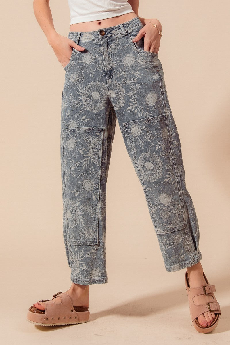 So Me Mid Rise Floral Denim Barrel Jeans