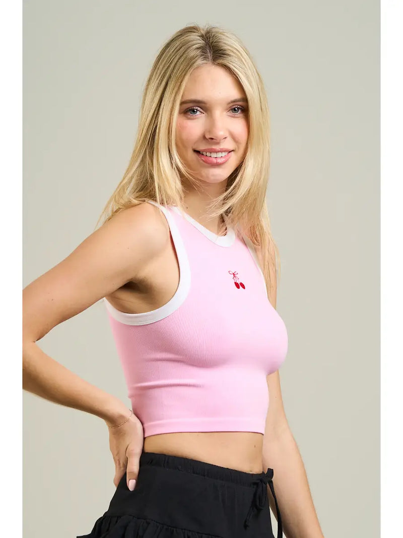 Contrast Binding Cherry Embroidery Top