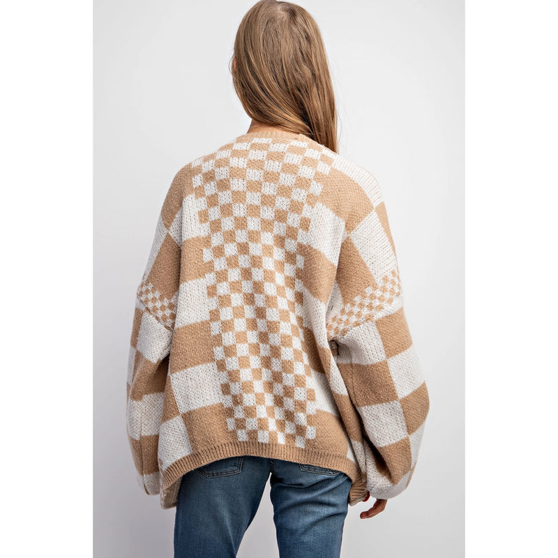 Mixed Checker Knit Drop Shoulder Cardigan