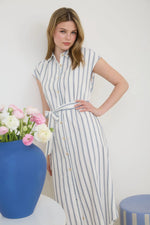 Stripe Collared Button Down Belt Tie Shirt Dress