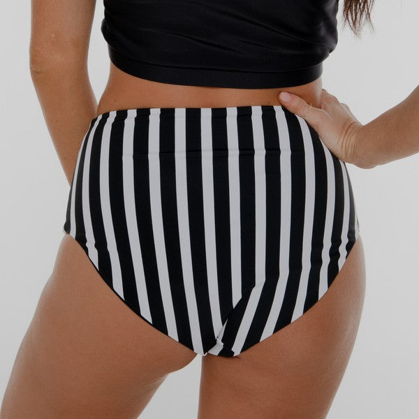 Black/Black & White Stripe Reversible Mid Rise Swim Bottoms