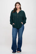 Plus V-Neck Half Button Long Sleeve Top