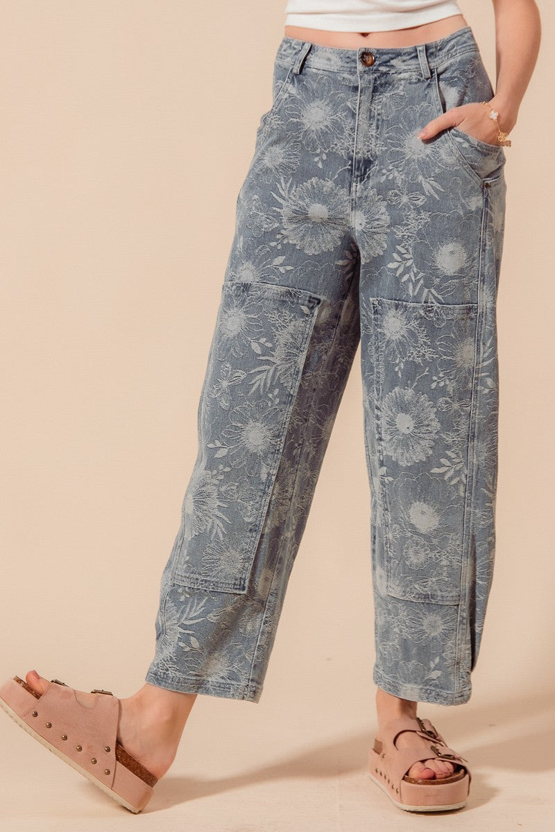 So Me Mid Rise Floral Denim Barrel Jeans