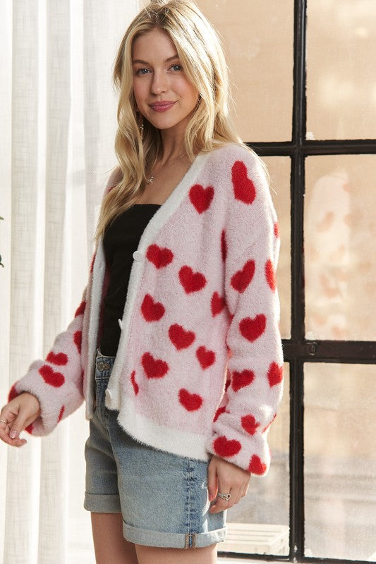 Fuzzy Heart Button Down Cardigan