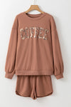 Coffee Sequin Round Neck Long Sleeve Top and Shorts Set