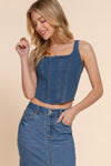 Front Lined Detail Back Zipper Stretch Denim Cami Top