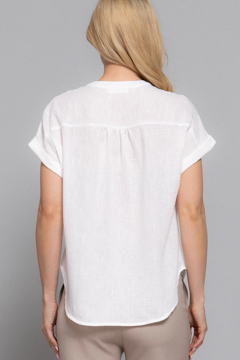 Dolman Short Sleeve Button Down Linen Effect Top