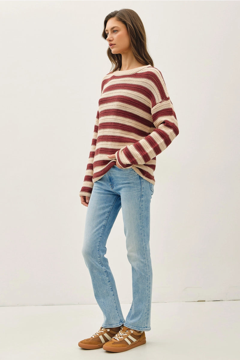 Striped Crochet Knit Long Sleeves Sweater