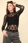 Mock Neck Fitted Sheer Mesh Lace Blouse