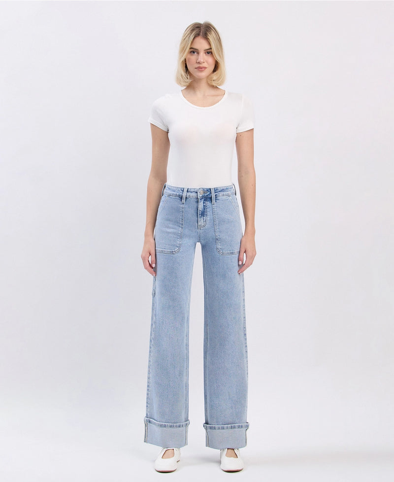 Lovervet by VERVET High Rise Carpenter Pocket Cuffed Wide Leg Jeans