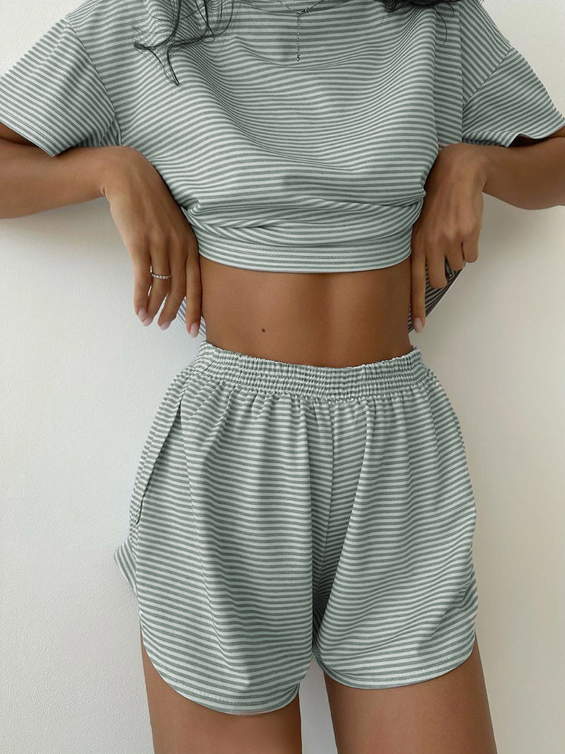 Striped Round Neck Top and Shorts Set