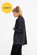 Curvy Waffle Knit Mineral-Washed Button Down Jacket