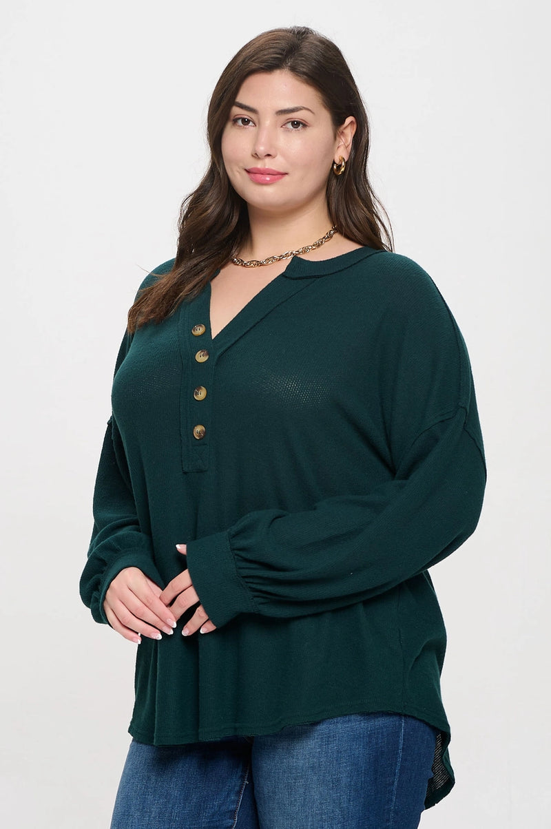 Plus V-Neck Half Button Long Sleeve Top