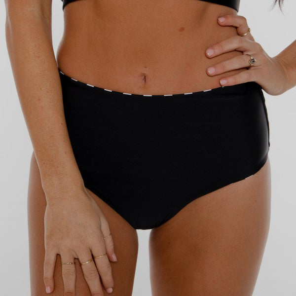 Black/Black & White Stripe Reversible Mid Rise Swim Bottoms