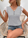 Lace Detail Striped V-Neck Cap Sleeve T-Shirt