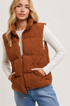 Corduroy Puffer Vest Zipper Front