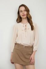 Front Tie Pleated Front 3/4 Sleeve Top