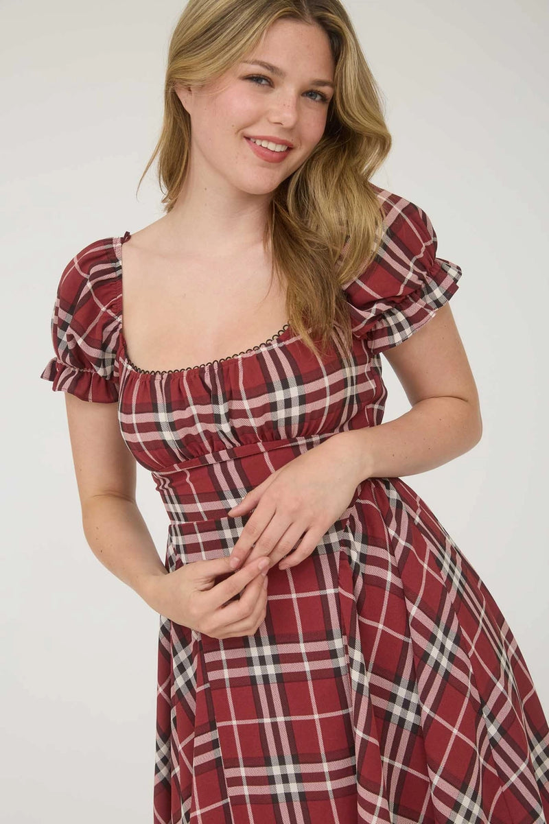 Plaid Short Puff Sleeve Mini Dress