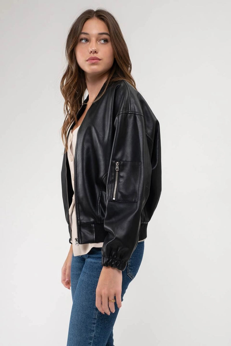 Zip Up Faux Leather Bomber Jacket