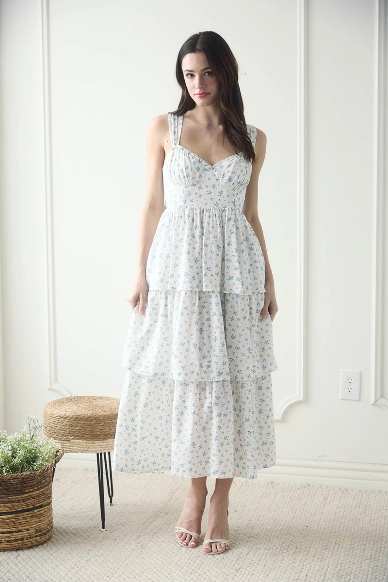 Floral Sleeveless Corset Ruffle Tiered Midi Dress