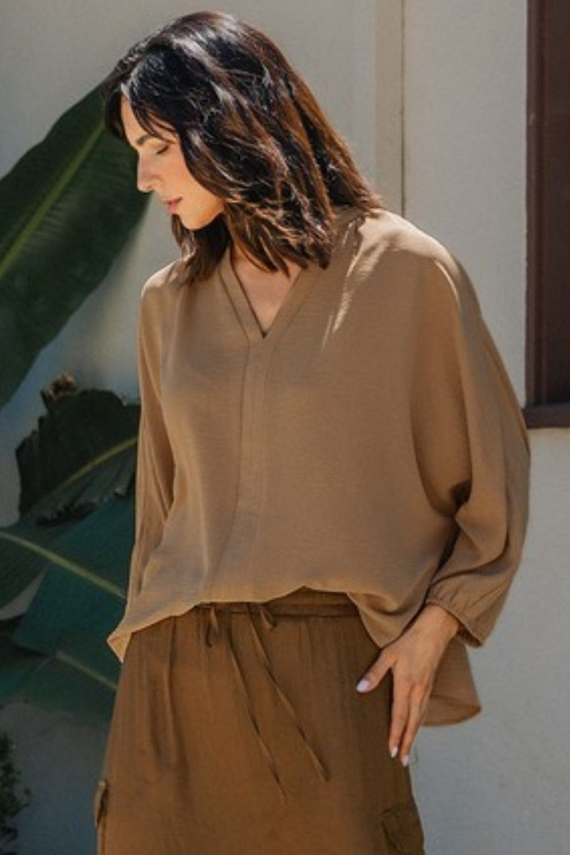 Notched Batwing Sleeve Blouse