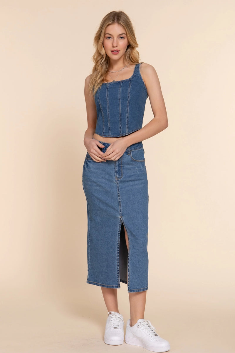 Front Lined Detail Back Zipper Stretch Denim Cami Top
