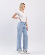 Lovervet by VERVET High Rise Carpenter Pocket Cuffed Wide Leg Jeans