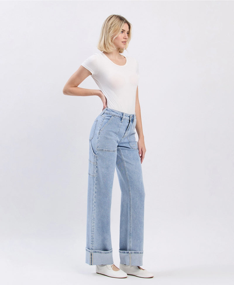 Lovervet by VERVET High Rise Carpenter Pocket Cuffed Wide Leg Jeans