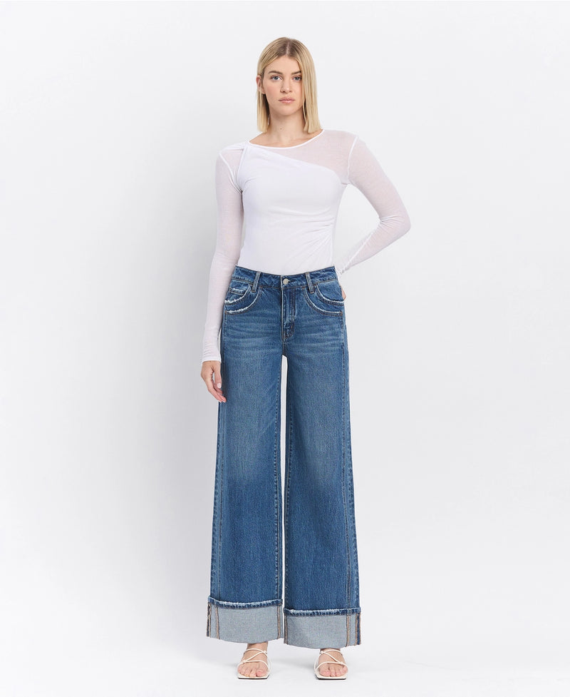 Vervet by Flying Monkey High Rise Cuffed Panel Baggy Wide Jeans