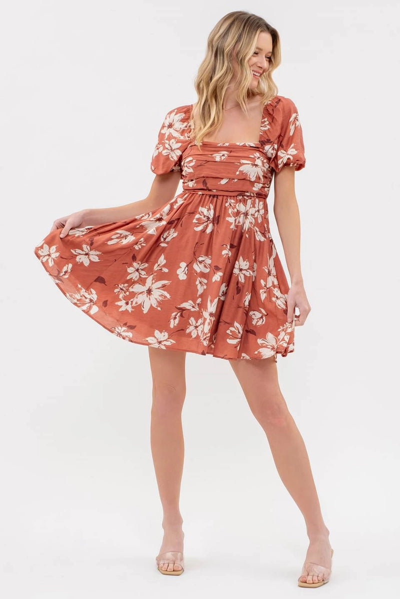 Floral Pleated Puff Sleeve Mini Dress