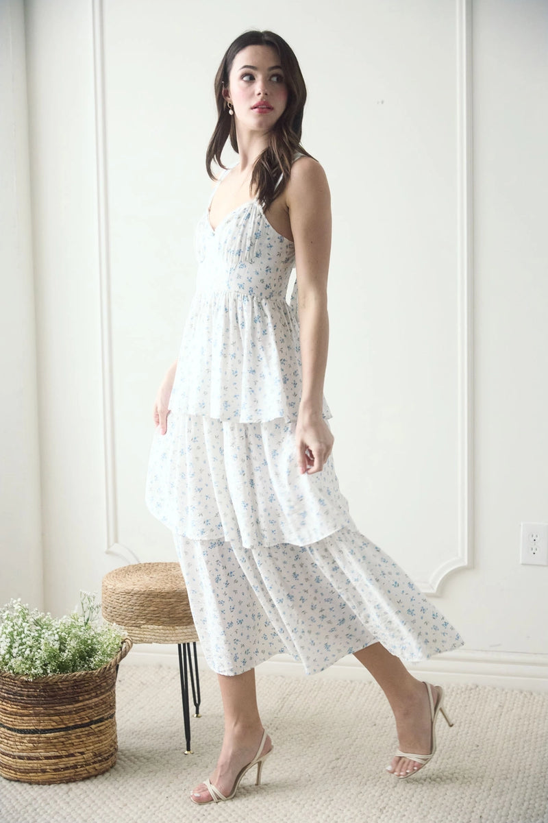 Floral Sleeveless Corset Ruffle Tiered Midi Dress